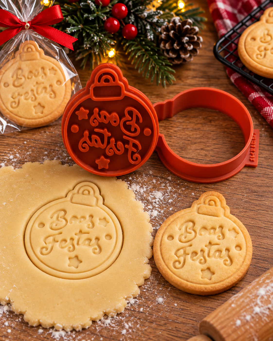 Conjunto Cortador + Carimbo de Biscoitos - Natal - Bola Boas Festas