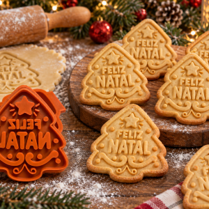 Conjunto Cortador + Carimbo de Biscoitos - Natal - Árvore Feliz Natal