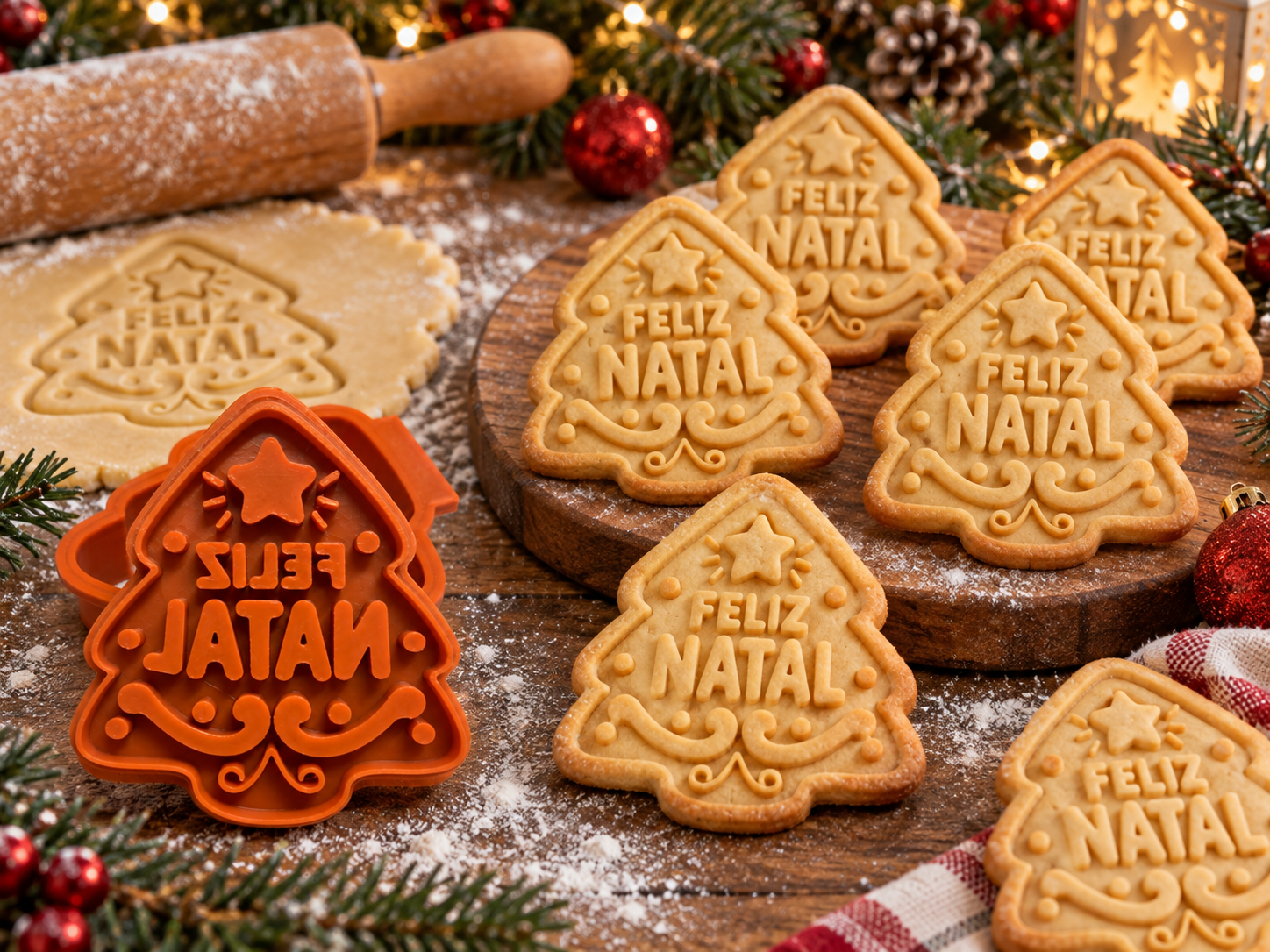 Conjunto Cortador + Carimbo de Biscoitos - Natal - Árvore Feliz Natal