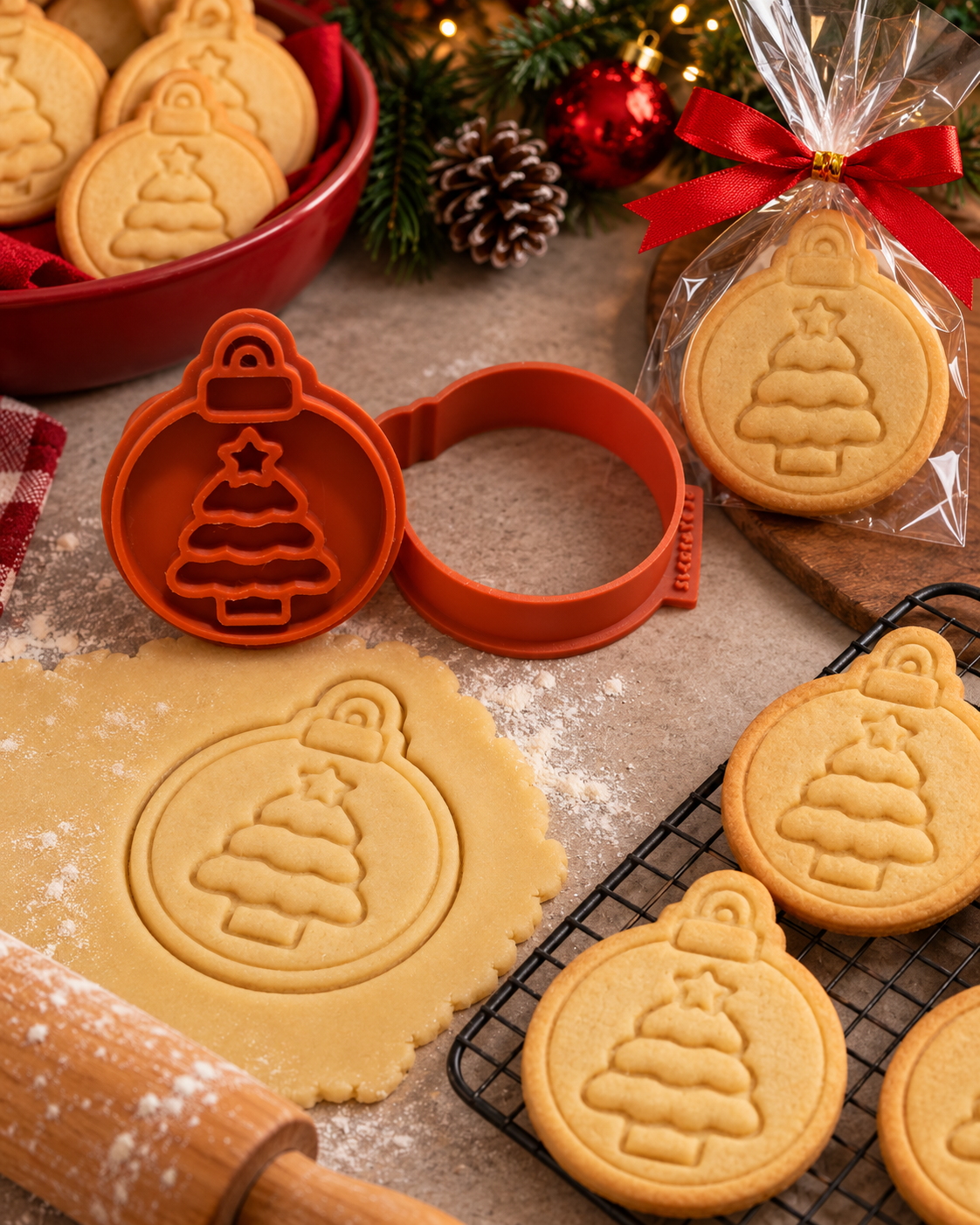 Conjunto Cortador + Carimbo de Biscoitos - Natal - Bola com Árvore de Natal - Imagem 3