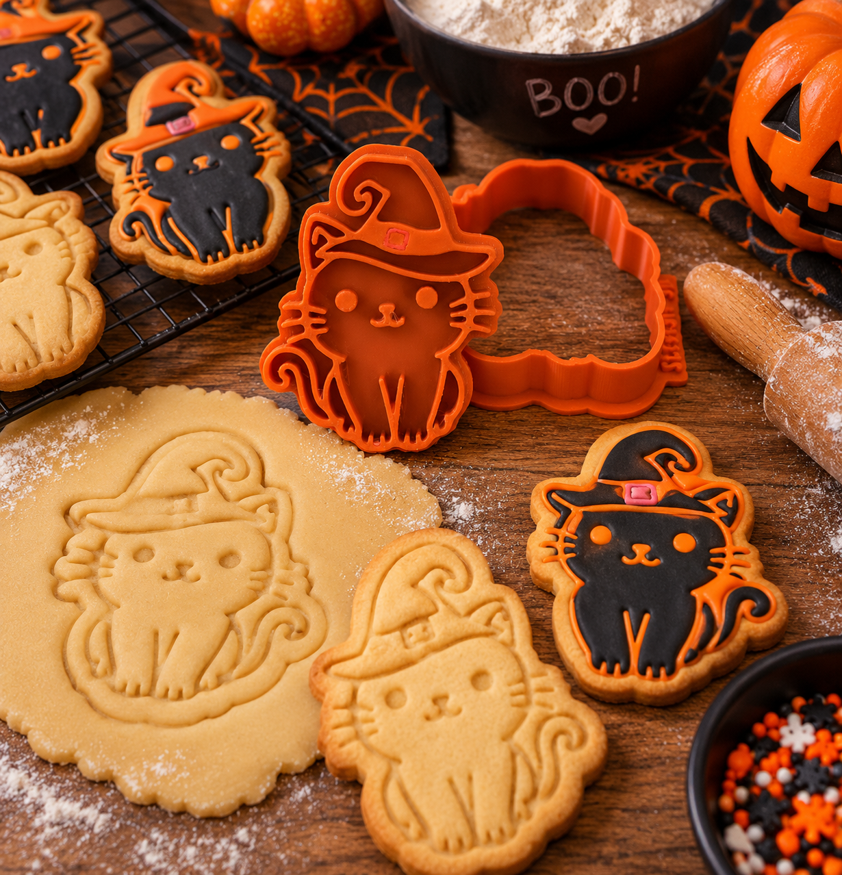 Conjunto Cortador + Carimbo de Biscoito - Halloween - Gato de Chapéu