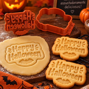 Conjunto Cortador + Carimbo de Biscoito - Happy Halloween com Morcego