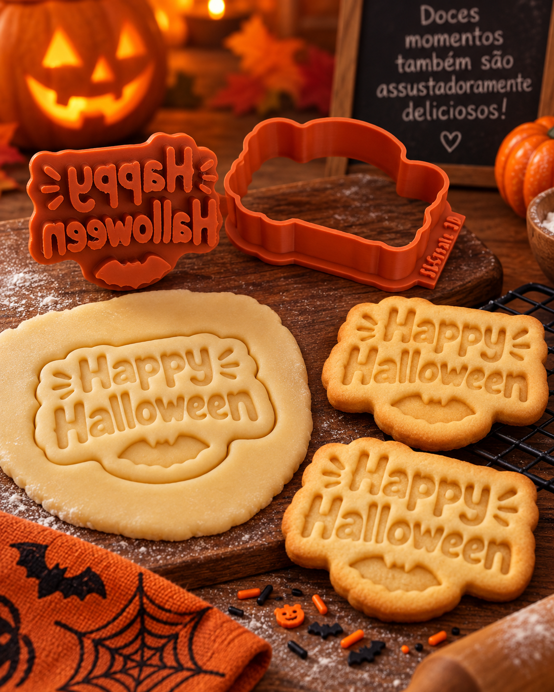 Conjunto Cortador + Carimbo de Biscoito - Happy Halloween com Morcego