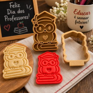 Conjunto Cortador + Carimbo de Biscoito - Dia dos Professores - Coruja com Livro