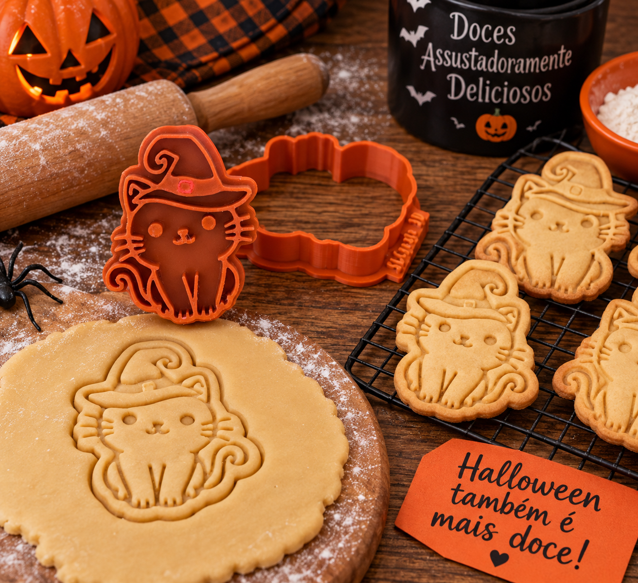 Conjunto Cortador + Carimbo de Biscoito - Halloween - Gato de Chapéu - Imagem 2