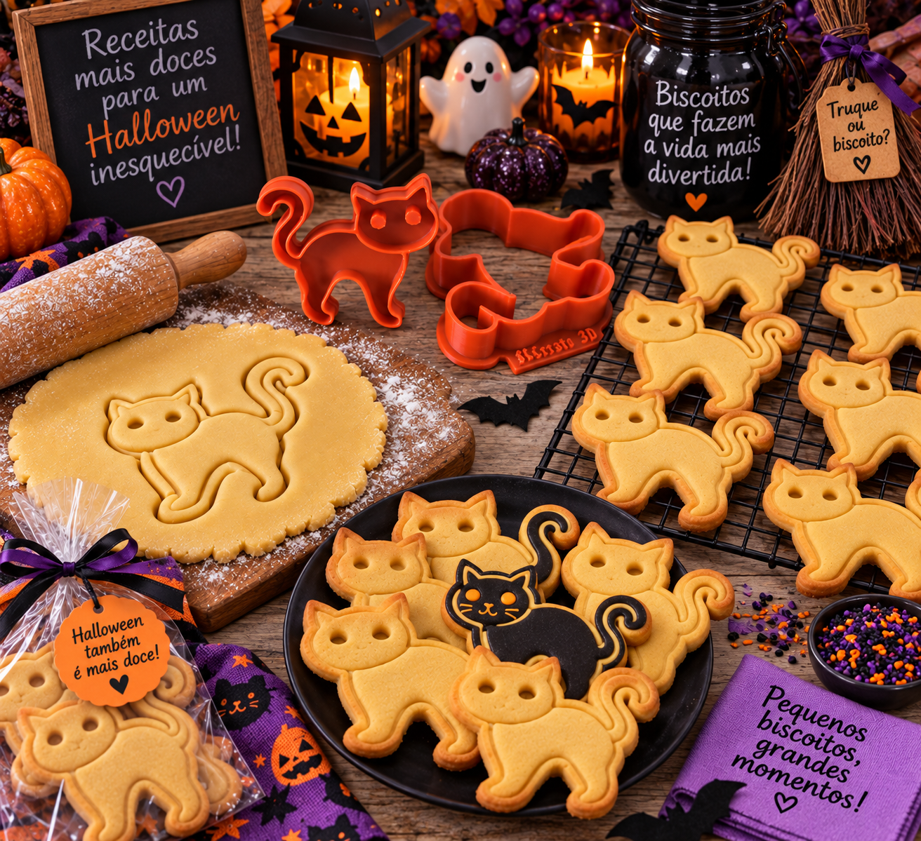 Conjunto Cortador + Carimbo de Biscoito - Halloween - Gatinho