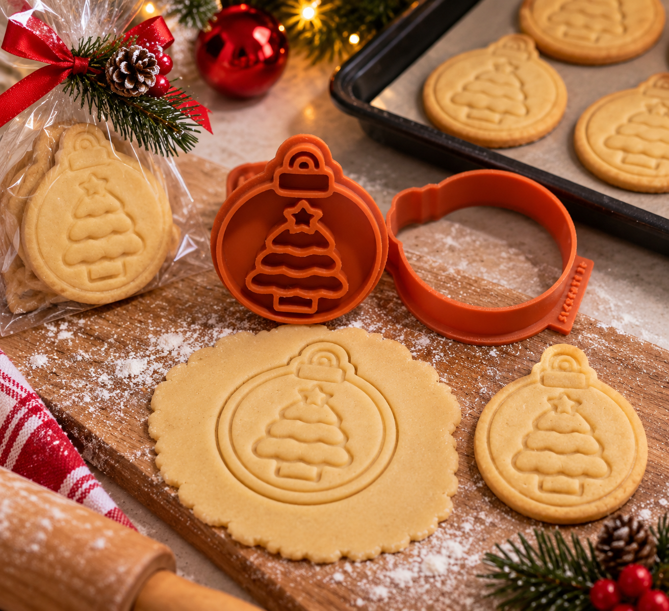 Conjunto Cortador + Carimbo de Biscoitos - Natal - Bola com Árvore de Natal