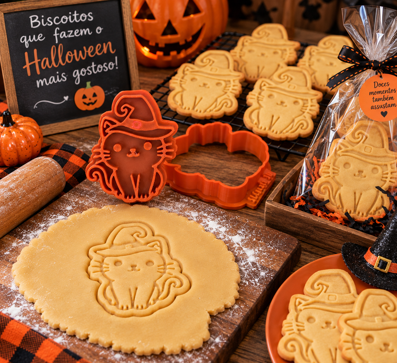 Conjunto Cortador + Carimbo de Biscoito - Halloween - Gato de Chapéu - Imagem 3